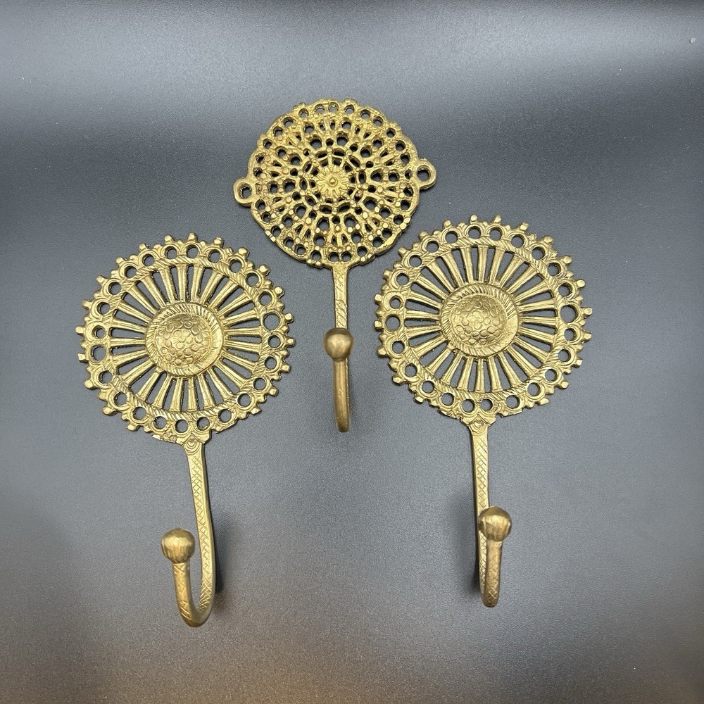 Ornate Solid Brass Wall Hooks Set 3 Hangers Hooks Key Holder Mandala Round Sun